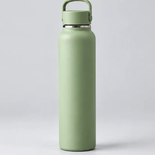 Sage-green insulated bottle centered on a pale background in a square video frame.