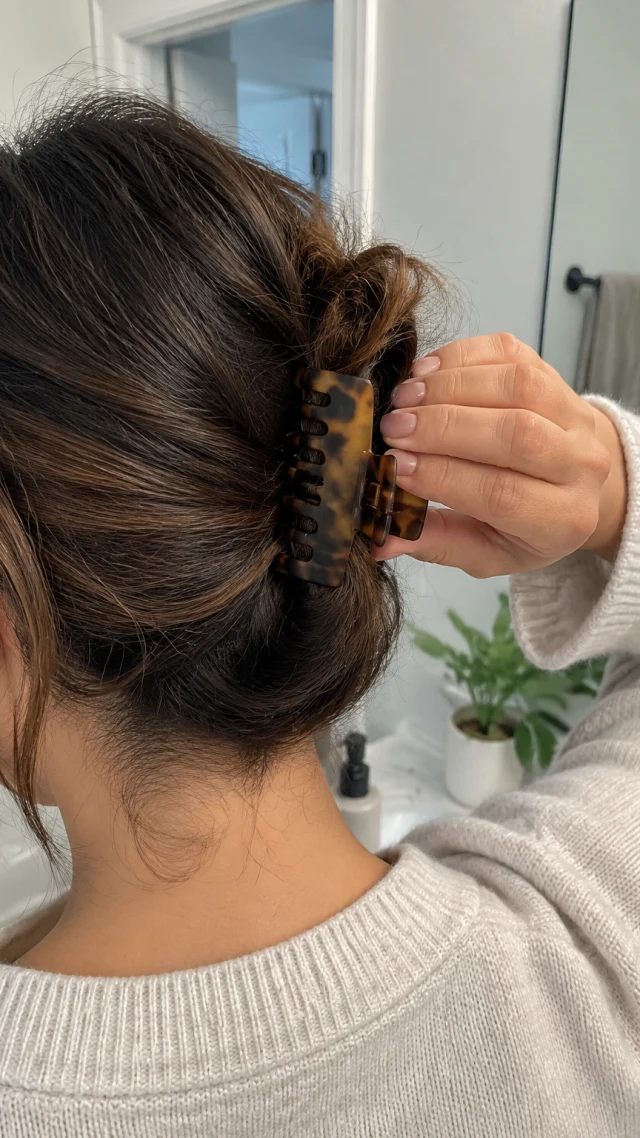 Adult woman shown from behind clipping a plain tortoiseshell hair claw into her hair in a bright bathroom.