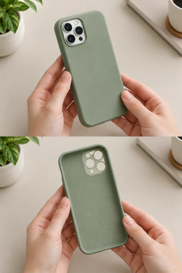 Hands-only view turning a plain sage-green phone case over on a clear desk, with no face visible.