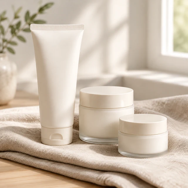 Plain cream cleanser tube and two rounded cream jars arranged on folded natural linen in warm window light.