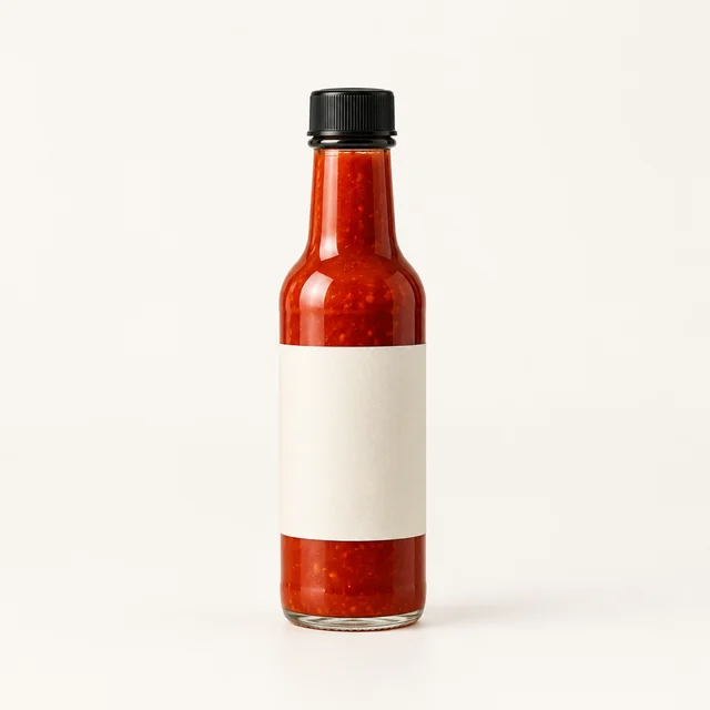 Single hot sauce bottle photographed upright on a pale seamless background.