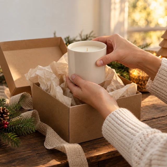 Warm home product scene with a candle