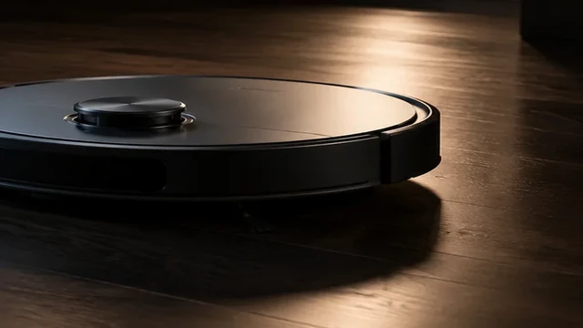 Lower part of the robot vacuum cut off at the bottom frame edge.