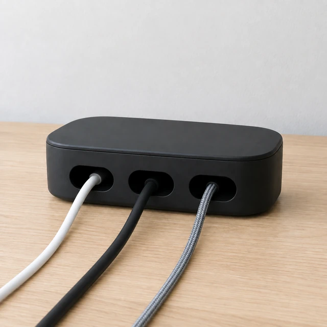 Three desk cables routed through the same black organizer on a clear desk.