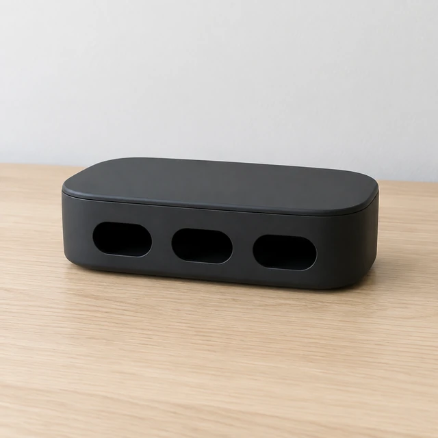 Compact matte-black cable organizer with three empty front slots.