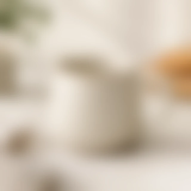 Ceramic cup in soft focus, with the handle hard to see.
