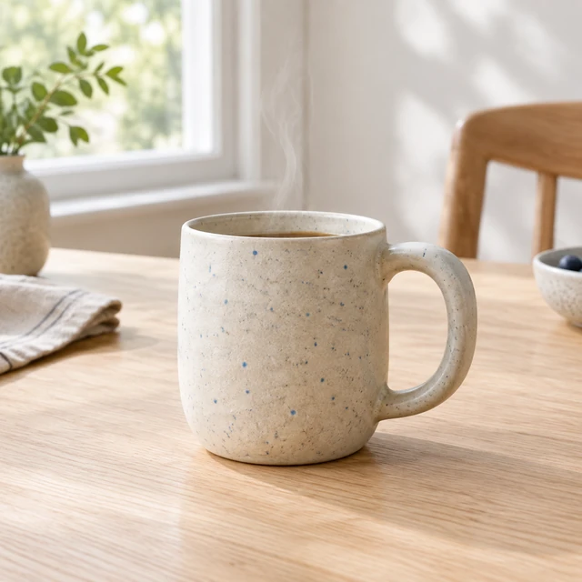 Cream ceramic mug with blue flecks on a wooden kitchen counter.