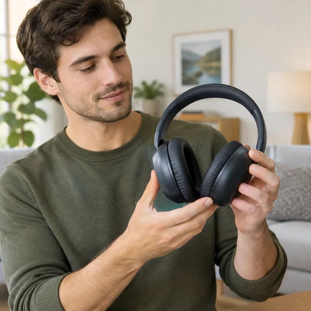 Presenter displaying matte-black headphones at chest height, with both ear cups clearly visible.