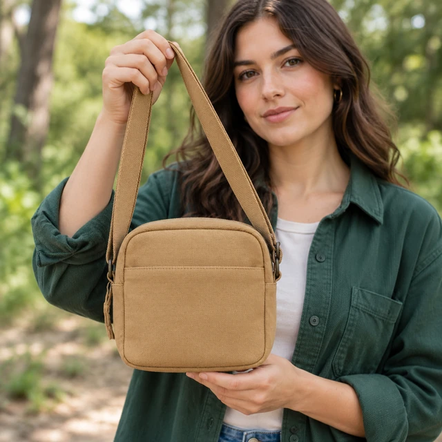 Presenter holding a tan canvas crossbody bag at chest height.