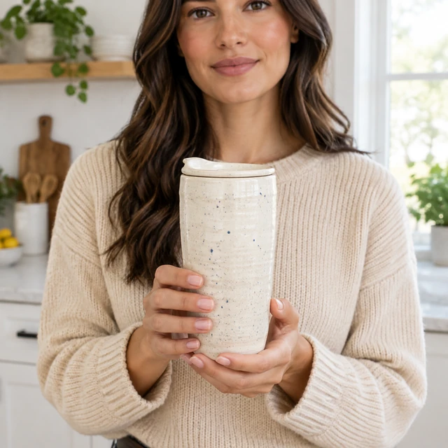 Presenter showing a speckled ceramic mug with both hands.
