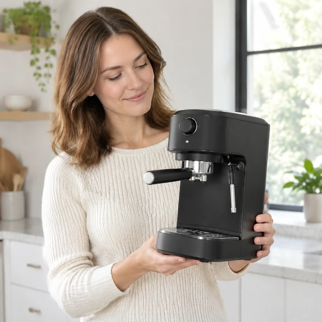 Presenter holding a compact espresso maker at chest height, looking at the product.