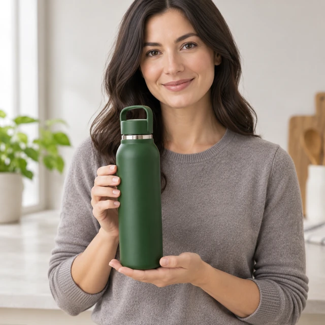 Presenter holding the same forest-green water bottle at chest height.