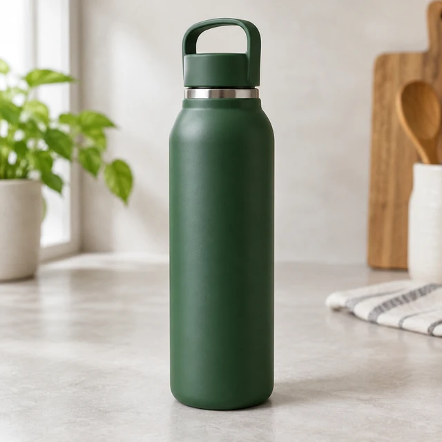 Matte forest-green water bottle standing alone on a bright kitchen counter.