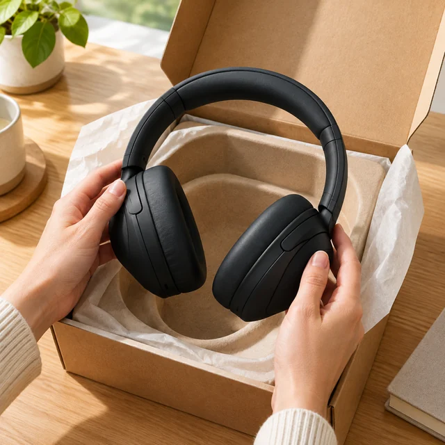 Hands lifting matte-black headphones from an open kraft box with pale tissue.
