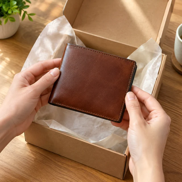 Hands present a brown leather wallet above an open kraft gift box.