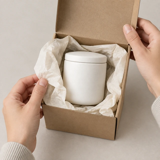 Hands open a kraft carton to reveal the plain white candle jar.