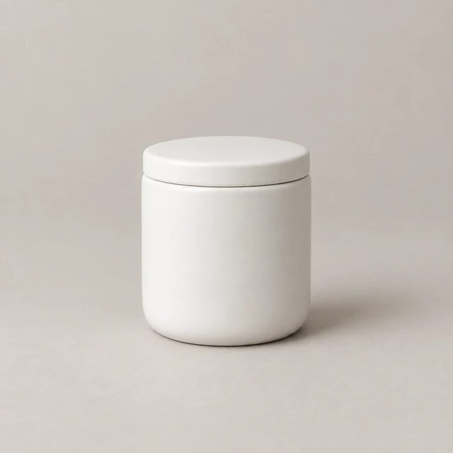 Plain white ceramic candle jar on a neutral surface.
