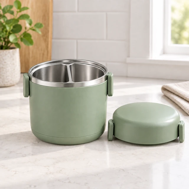 The same sage-green lunch container open with its lid beside it.