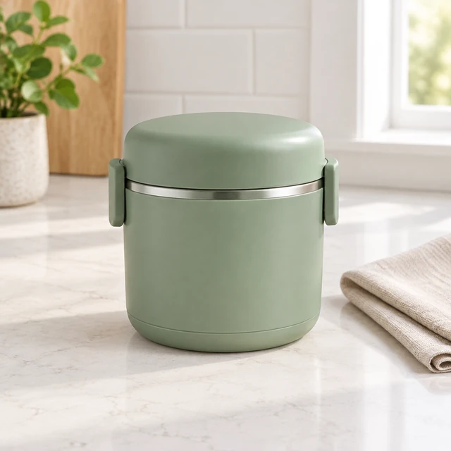 Sage-green lunch container with a smooth lid on a pale kitchen counter.