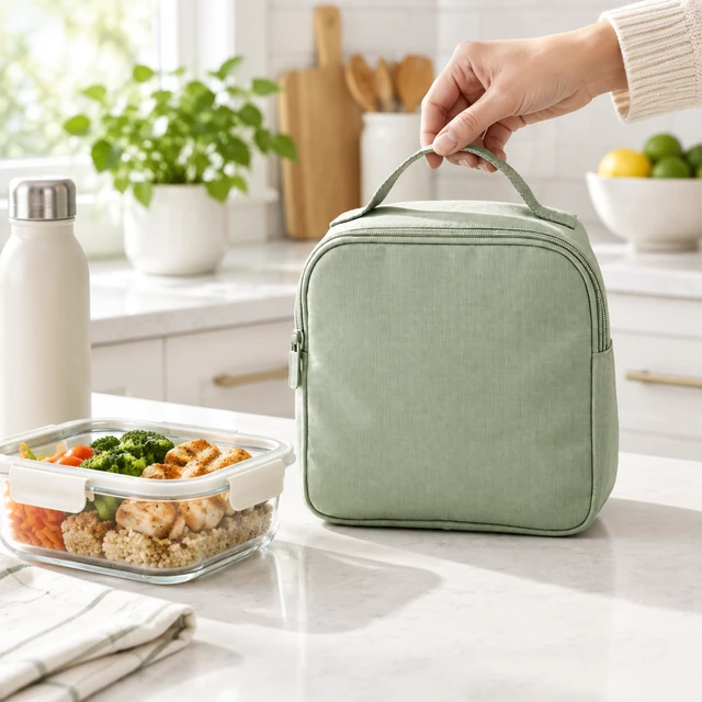 A hand lifts the same sage lunch bag beside a packed lunch.