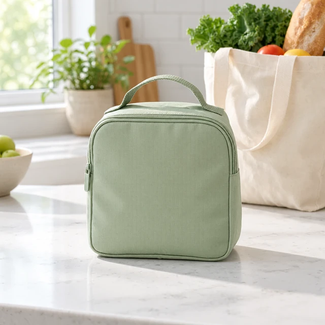 Sage-green insulated lunch bag on a bright kitchen counter.