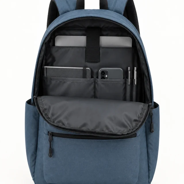 Open blue backpack with its top handle cut off at the frame edge.