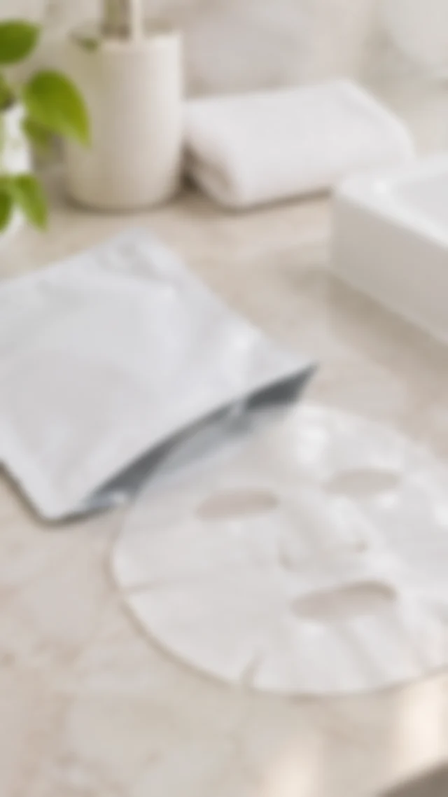 Sheet mask package softly blurred on a bathroom counter.