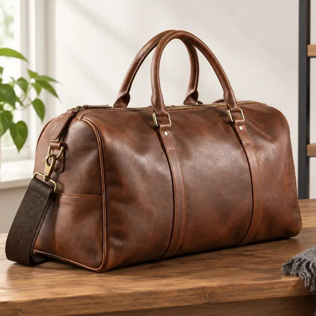 The same leather duffel larger in the frame on a light wood surface with brighter natural light.