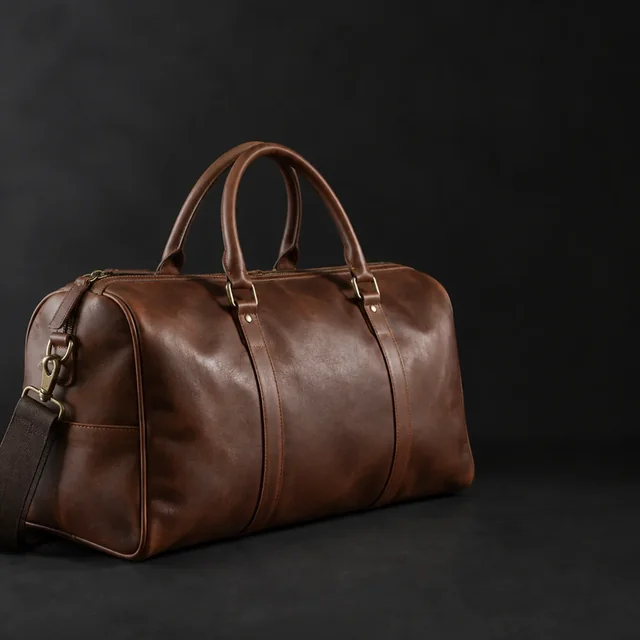 Leather duffel filling more of the frame on a dark backdrop, with handles and stitching visible.