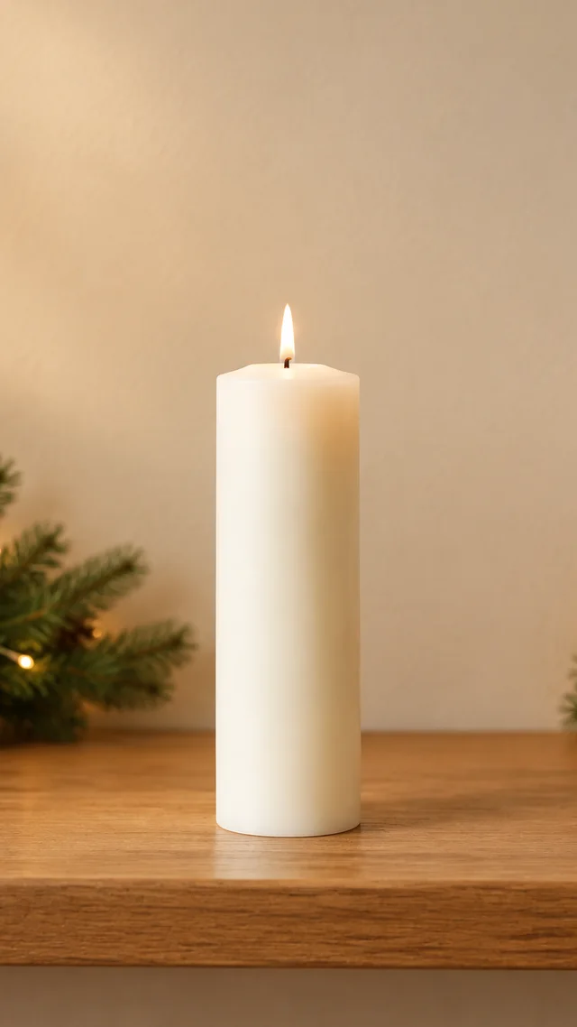 Tall white pillar candle with the full candle visible in a warm seasonal setting.