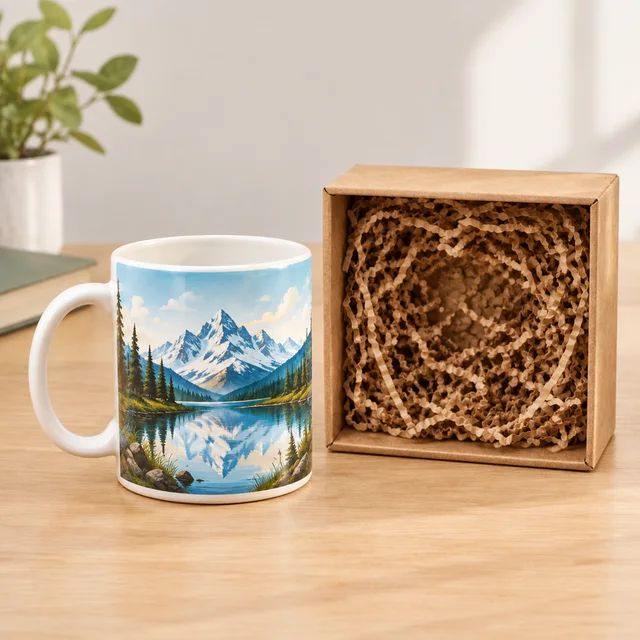Plain ceramic mug beside its gift box on a light table.