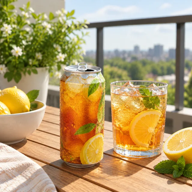 Plain iced tea can opened on a sunny balcony table.