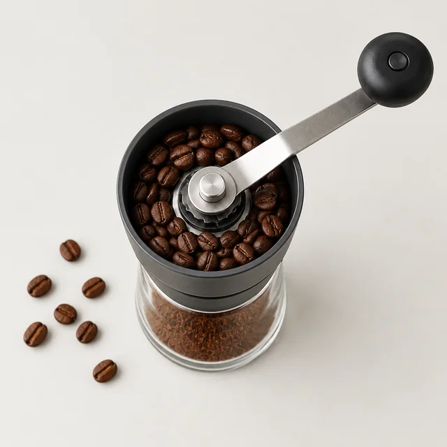 Compact burr coffee grinder viewed from above on a studio surface.