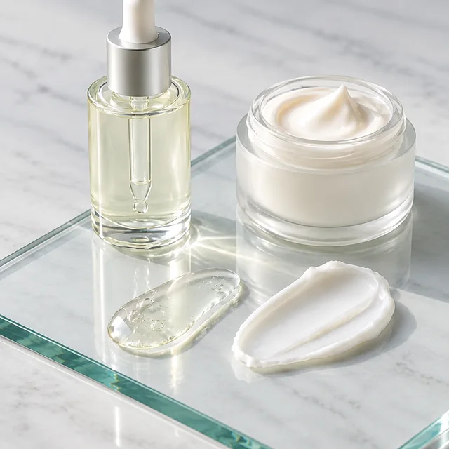 Serum and cream textures arranged as clean swatches on glass.