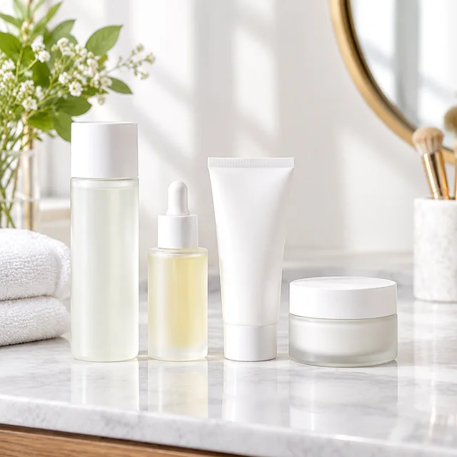 Three plain skincare bottles and jars grouped together on a vanity.