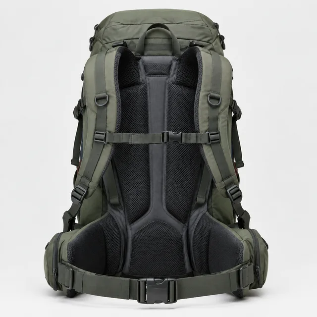 Olive hiking backpack shown from the back with its straps visible.