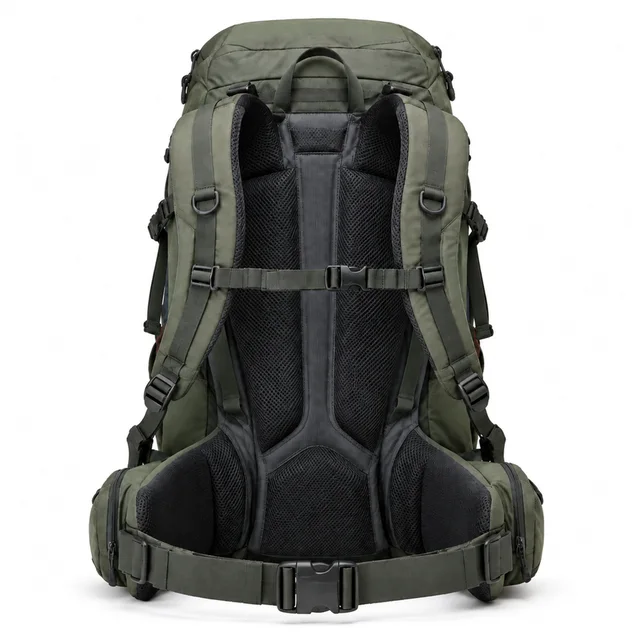 Olive hiking backpack centered on a clean white square background.