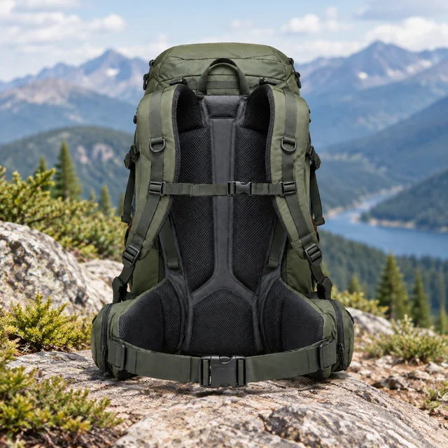 The same olive hiking backpack in a square mountain trail scene.