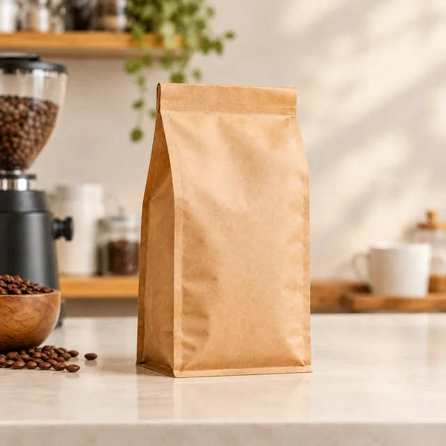 Plain kraft coffee pouch centered on a pale studio background.