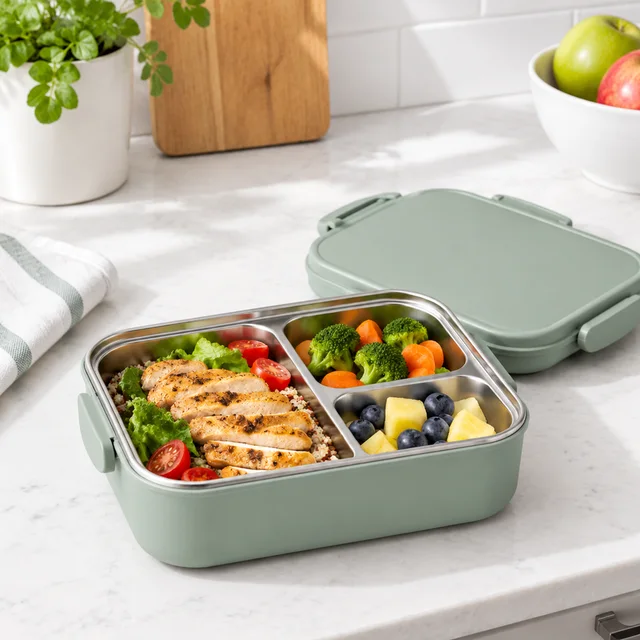 Sage lunch container open on a bright kitchen counter.