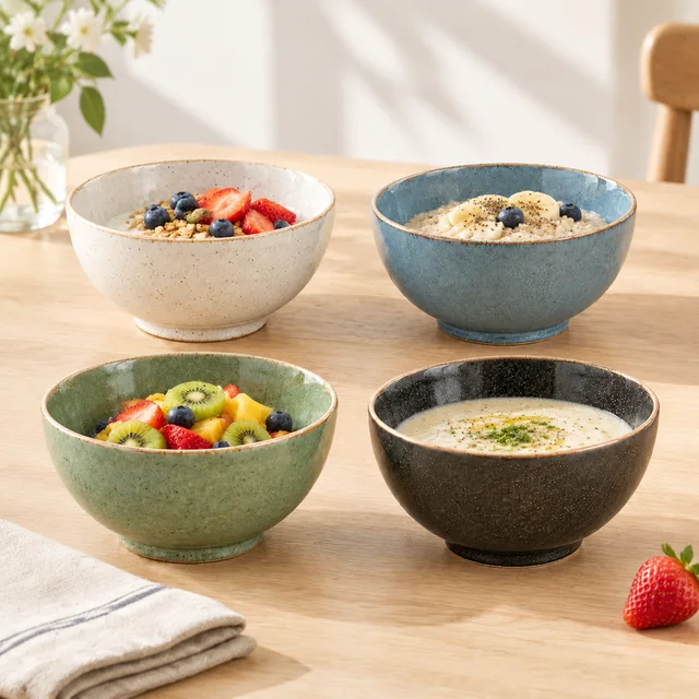 The same four ceramic bowls arranged for a square social post.