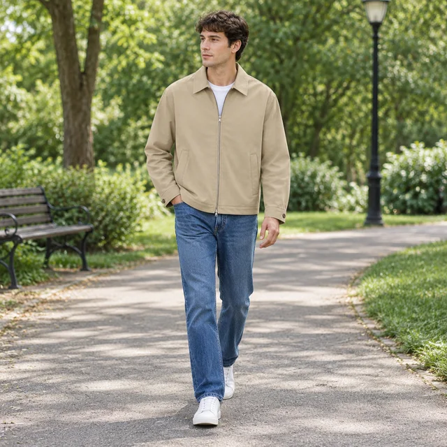 Adult wearing the same beige zip jacket while walking through a quiet park.