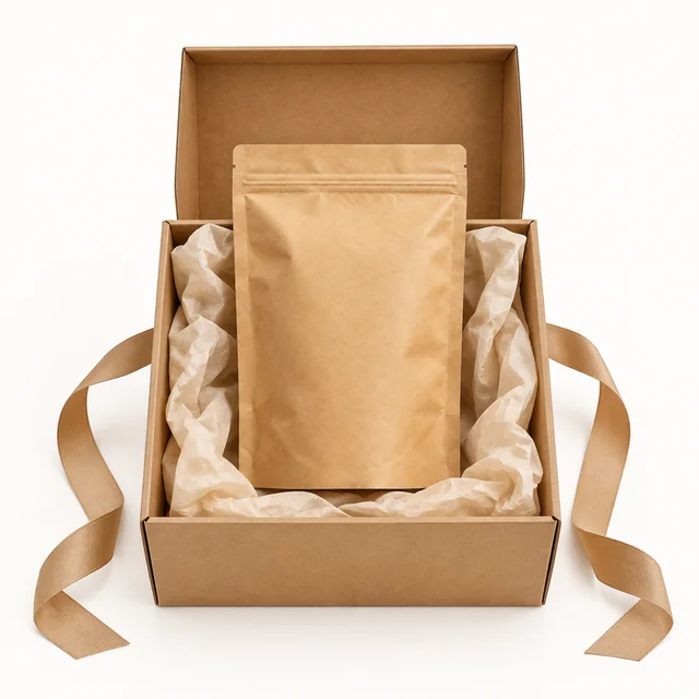 Plain kraft coffee pouch inside an open gift box with simple tissue and no print.