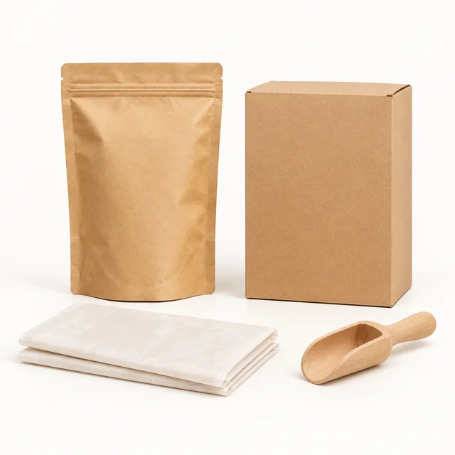 Plain kraft coffee pouch beside a blank carton, folded tissue, and scoop.