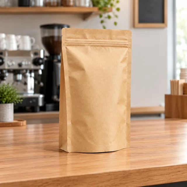Plain kraft coffee pouch standing alone on a light neutral background.