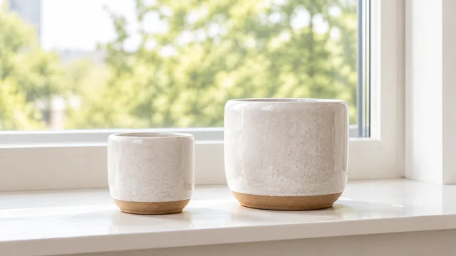 Two plain ceramic planters of different sizes, both fully visible on a pale counter.