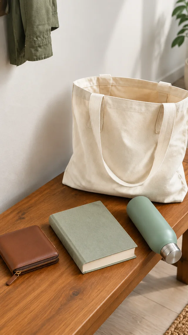 Canvas tote packed with everyday items, shown fully from handles to base.