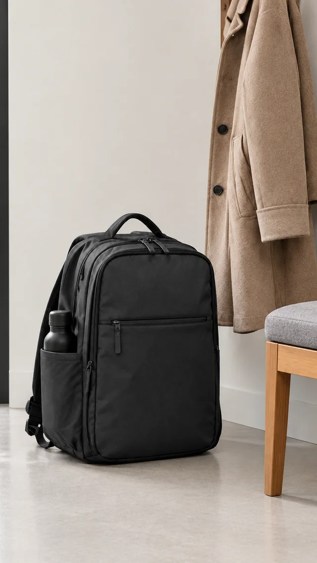 Commuter backpack shown fully from the front with its straps visible.