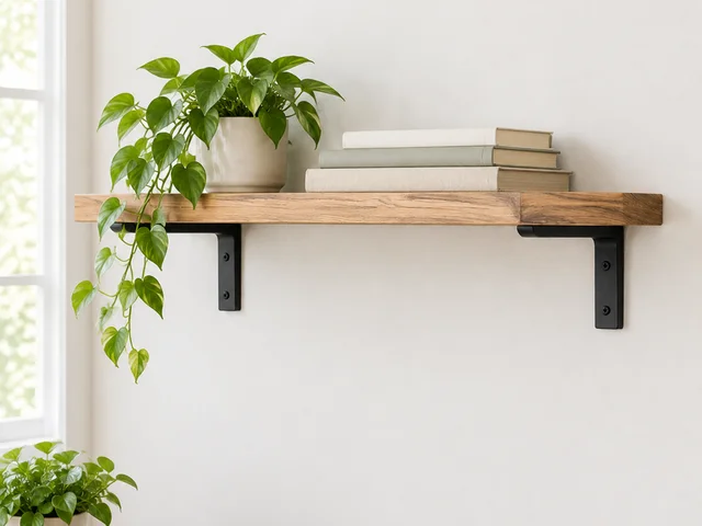 Simple wall shelf with a small plant and plain-spined books, fully in view.