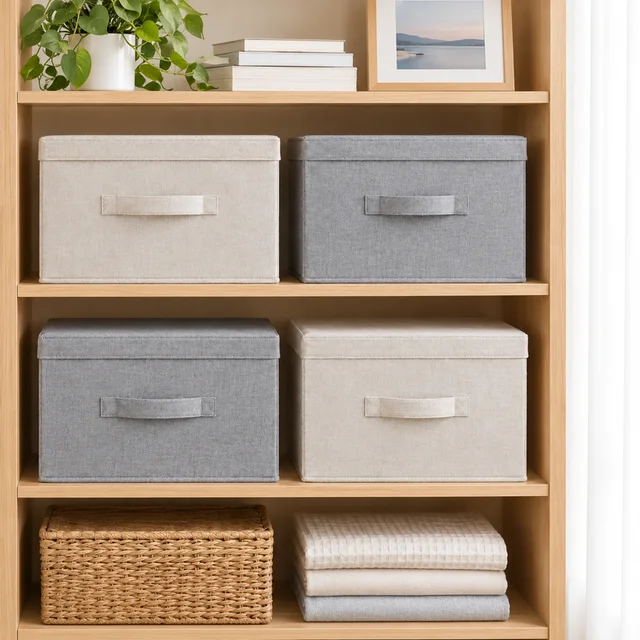 Plain fabric storage boxes arranged on a tidy shelf.
